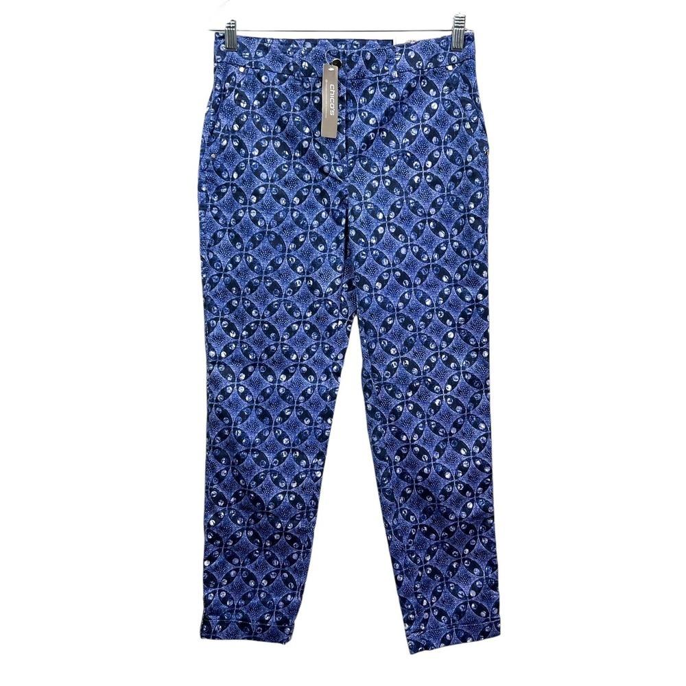 Chico's Women Utility Crop Pants The Ultimate Fit Stretch Pockets Geo Blue 00*